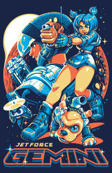 1boy 1girl 1other aiming ant armor backpack bag blue_dress blue_eyes blue_gloves blue_hair boots bug commentary dog dress english_commentary gloves gun handgun helmet highres holding holding_gun holding_weapon insect jet_force_gemini jmanvelez juno_(jet_force_gemini) limited_palette lupus_(jet_force_gemini) moon pauldrons robot science_fiction short_dress short_hair short_twintails shoulder_armor shouting socks tribal_(jet_force_gemini) twintails vela_(jet_force_gemini) weapon white_socks