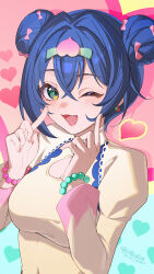 1girl alternate_costume belle_(zenless_zone_zero) blue_hair breasts chinese_commentary cleavage_cutout clothing_cutout commentary_request double_bun earrings fingernails green_eyes hair_between_eyes hair_bun hair_ornament hands_up heart highres index_finger_raised jewelry large_breasts looking_at_viewer one_eye_closed open_mouth short_hair signature smile so_zei_tama_tama solo upper_body zenless_zone_zero