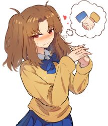 1girl @_@ absurdres blue_skirt brown_eyes brown_hair cowboy_shot highres holding_hands interlocked_fingers pleated_skirt simple_background skirt solo speech_bubble sweater thought_bubble tsukihime tsukihime_(remake) twintails vinsycal white_background yellow_sweater yumizuka_satsuki
