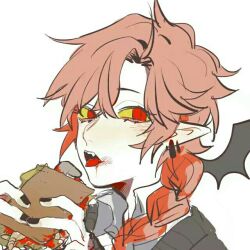 1boy blood blood_from_mouth braid demon_boy funamusea genderswap genderswap_(ftm) haiiro_teien looking_at_viewer pink_hair pointy_ears rawberry_preserves red_eyes single_braid tallplaycold