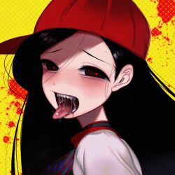 1girl backwards_hat baseball_cap black_eyes black_hair blood blood_splatter blush butcher_vanity_(synthesizer_v) hair_between_eyes hat heart heart-shaped_pupils ku_luo29940 long_hair mole mole_above_eye open_mouth piercing red_hat red_pupils saliva sharp_teeth symbol-shaped_pupils synthesizer_v teeth tongue tongue_out tongue_piercing upper_body vimalion_pro yellow_background yi_xi_(synthesizer_v)
