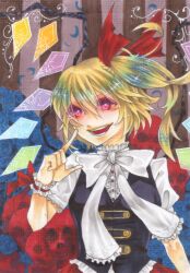 1girl ascot blonde_hair bow cowboy_shot crystal crystal_wings fang flandre_scarlet flower frills hair_ribbon looking_at_viewer no_headwear open_mouth red_eyes ribbon rose short_hair side_ponytail smile solo thunbergia touhou vest wings wrist_cuffs