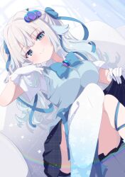 Rule 34 | 1girl, absurdres, black skirt, blue bow, blue bowtie, blue eyes, blue hair, blue sweater vest, blue vest, blush, bow, bowtie, breasts, brooch, closed mouth, collared shirt, commission, couch, gem, gloves, gradient hair, gradient legwear, grey hair, hair ornament, hair ribbon, highres, jewelry, leg ribbon, long hair, looking at viewer, multicolored hair, original, pleated skirt, ribbon, shiro9jira, shirt, short sleeves, single thighhigh, sitting, skeb commission, skirt, smile, solo, sweater vest, thighhighs, twintails, vest, white gloves, white hair, white shirt, white thighhighs