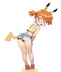 Rule 34 | 1girl, absurdres, animal ears, ass, bare legs, bent over, blush, cameltoe, commission, crop top, denim, denim shorts, eyebrows hidden by hair, female focus, full body, gluteal fold, green eyes, hands on own thighs, highres, kneepits, leaning forward, looking back, misty (pokemon), nintendo, open mouth, orange hair, pee, pikachu ears, pikachu tail, pokemon, pokemon (anime), pokemon (classic anime), pokemon tail, puddle, qtkat, raised eyebrows, red footwear, sexually suggestive, shirt, short hair, short shorts, shorts, side ponytail, simple background, sleeveless, sleeveless shirt, solo, tail, thighs, white background, yellow shirt