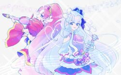 2girls akagi_towa ascot bad_id bad_twitter_id bare_shoulders black_corset blue_bow blue_gloves blue_hat blue_sleeves blunt_bangs bow bow-shaped_hair bow_(music) closed_mouth clothing_cutout collared_dress corset cowboy_shot cure_amour cure_scarlet detached_sleeves dress earrings frilled_dress frilled_sleeves frills fur_hat gloves go!_princess_precure gold_tiara hair_ornament happy hat hat_bow heart heart_of_string high_collar holding holding_bow_(music) holding_instrument holding_violin hugtto!_precure in-franchise_crossover instrument jewelry large_earrings layered_dress light_particles lipstick long_hair long_sleeves magical_girl makeup mascara mini_hat multiple_girls music musical_note musical_staff petals pink_hair pink_lips playing_guitar playing_instrument pom_pom_(clothes) pom_pom_earrings precure puffy_long_sleeves puffy_sleeves purple_ascot purple_dress purple_eyes red_dress red_eyes red_sleeves ruru_amour short_dress short_sleeves shoulder_cutout sidelocks smile standing tareme tiara trait_connection two_side_up very_long_hair violin white_background white_dress white_hair wide_sleeves wing_hair_ornament yuriko_(yurikonicc)