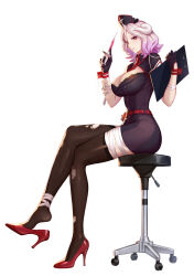 1girl absurdres bandages belt black_bra black_dress black_gloves black_thighhighs bra breasts chair cleavage clipboard commentary crossed_legs demon_horns dress english_commentary full_body gloves hat high_heels highres holding holding_syringe horns isaiah_(king&#039;s_raid) king&#039;s_raid lagna large_breasts looking_at_viewer medium_hair nurse nurse_cap official_art parted_lips pink_hair red_belt red_eyes red_shoes shiny_clothes shiny_skin shoe_dangle shoes short_dress short_sleeves simple_background sitting solo syringe thighhighs torn_clothes torn_thighhighs underwear white_background white_horns wrist_cuffs