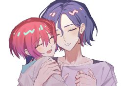 1boy 1girl amate_yuzuriha aqua_shirt blue_hair blush ch1wa_l0ve closed_eyes couple gundam gundam_gquuuuuux hetero highres holding holding_hands long_sleeves multicolored_hair open_mouth purple_hair red_hair school_uniform shirt short_hair shuji_ito simple_background sweater tank_top two-tone_hair upper_body white_background white_shirt