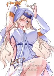 1girl arms_up blonde_hair blue_eyes breasts commentary commission covered_erect_nipples dress glukglankdraws goblin_slayer! highres holding holding_staff large_breasts long_hair looking_at_viewer nun polearm sideboob sideless_dress simple_background solo staff sword_maiden swordstaff veil very_long_hair weapon white_background white_dress white_veil