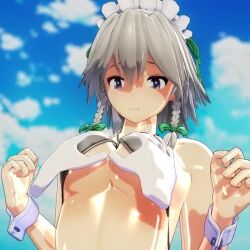 1girl 3d animated blue_eyes breasts grabbing_another&#039;s_breast grey_hair groping izayoi_sakuya medium_breasts mofumoko5 smile solo tagme thighs touhou video