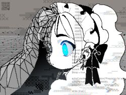 1girl 3d blue_eyes closed_mouth code commentary ear_piercing earrings english_commentary frilled_hairband frills glitch hairband highres jaggy_lines jewelry lolita_hairband long_hair maiandkoh mesh monochrome original piercing qr_code solo spot_color