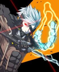 1boy black_background commentary_request cyborg exoskeleton eyepatch gameplay_mechanics glowing glowing_eye grey_hair holding holding_sword holding_weapon katana looking_at_viewer male_focus metal_gear_(series) metal_gear_rising:_revengeance orange_background raiden_(metal_gear) red_eyes sera_(hitsuji_to_kitsune) short_hair solo sword two-tone_background upper_body weapon