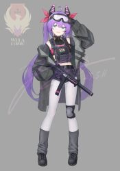 1girl absurdres ahoge aqua_eyes belt belt_buckle bike_shorts black_belt black_boots black_gloves black_shorts boots bow breast_suppress brown_coat buckle bulletproof_vest cable chinese_commentary clothes_writing coat commentary_request crop_top dated emblem english_text fang gloves goggles goggles_on_head grey_background grey_leg_warmers gun gun_sling h&amp;k_ump hair_bow hand_up headgear headset highres holding holding_gun holding_weapon jerry_wang knee_pads knife knife_sheath leg_warmers load_bearing_vest long_hair magazine_(weapon) military_operator multiple_hair_bows navel off_shoulder open_clothes open_mouth original purple_hair red_bow sheath short_shorts shorts signature simple_background single_knee_pad skin_fang solo standing submachine_gun syringe tablet_pc tactical_clothes thighhighs trigger_discipline twintails unworn_eyewear walkie-talkie watermark weapon white_thighhighs zipper zipper_pull_tab