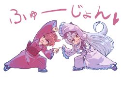 1.0-tan 2girls 3.1-tan :d black_shoes blush bow brown_hair commentary_request dress flower_hairband full_body fusion_dance geta hair_bow hair_ribbon highres japanese_clothes kimono long_hair long_sleeves looking_at_viewer looking_up multiple_girls obi open_mouth os-tan pink_ribbon purple_bow purple_dress purple_hair purple_kimono red_eyes ribbon sash shoes short_hair sleeves_past_wrists smile socks sweatdrop tabi teeth torotei translation_request upper_teeth_only v-shaped_eyebrows very_long_hair white_socks