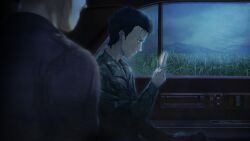 Rule 34 | 2boys, beard stubble, black shirt, camouflage, camouflage jacket, camouflage pants, car interior, facial hair, field, game cg, grey sky, highres, holding, holding phone, huke, jacket, mature male, messy hair, multiple boys, narrowed eyes, night, non-web source, official art, okabe rintarou, okabe rintarou (beta), pants, phone, ringed eyes, screen light, shirt, short hair, sideburns stubble, sitting, sky, steins;gate, steins;gate 0, stubble, yellow eyes
