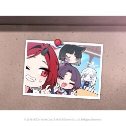 animal_ears black_hair blue_archive chibi colored_eyelashes commentary donmin_h dot_nose double_v english_commentary grey_hair grin hair_intakes halo hands_up haori horns japanese_clothes jitome kikyou_(blue_archive) long_hair looking_at_viewer nagusa_(blue_archive) nail_polish neckerchief no_nose official_art one_eye_closed open_mouth parted_bangs photo_(object) plate purple_eyes purple_hair purple_halo red_eyes red_hair renge_(blue_archive) sailor_collar shirt single_horn smile sweatdrop v white_eyelashes white_eyes white_hair white_shirt yukari_(blue_archive)
