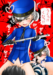 1boy 2girls akanako amamiya_ren baton_(weapon) black_hair bottomless braid caroline_(persona_5) closed_eyes commentary_request cunnilingus double_bun erection eyepatch fellatio femdom ffm_threesome flat_chest gloves grey_hair group_sex hair_bun hat highres justine_(persona_5) kepi loli long_hair military_hat multiple_girls oral penis persona persona_5 sitting sitting_on_face sitting_on_person smile threesome tongue tongue_out translation_request variant_set weapon