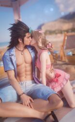 1boy 1girl 3d abs aerith_gainsborough aerith_gainsborough_(pink_mermaid) beach bikini bikini_skirt black_hair blue_shirt blue_sky blurry blurry_background bracelet braid braided_ponytail breasts brown_hair closed_eyes commentary couple english_commentary facing_another facing_to_the_side feet_out_of_frame final_fantasy final_fantasy_vii final_fantasy_vii_ever_crisis final_fantasy_vii_rebirth final_fantasy_vii_remake floral_print flower hair_flower hair_ornament hair_slicked_back hand_on_another&#039;s_waist highres indian_style jewelry kiss kneeling long_hair male_swimwear necklace official_alternate_costume open_clothes open_shirt outdoors parted_bangs pectorals pink_bikini pink_flower ponytail print_shirt ring sandals shirt sitting sky small_breasts spiked_hair sreliata stomach swim_trunks swimsuit zack_fair zack_fair_(surfer_look)