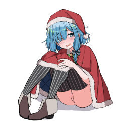 1girl anus aqua_eyes asymmetrical_bangs bell black_bow blue_hair blush bottomless bow bright_pupils cape censored commentary_request diagonal-striped_bow eyes_visible_through_hair full_body fur-trimmed_cape fur-trimmed_headwear fur_trim green_ribbon grey_shoes grey_thighhighs hair_bow hair_over_one_eye hand_on_own_leg hat highres knees_up long_bangs long_hair long_sidelocks low-tied_long_hair neck_bell neck_ribbon open_mouth original pussy raised_inner_eyebrows red_cape ribbon santa_hat scribble_censor shoes short_hair_with_long_locks sidelocks simple_background sitting sketch solo striped_bow striped_clothes striped_thighhighs tearing_up thighhighs urushiushiru vertical-striped_clothes vertical-striped_thighhighs wavy_mouth white_background white_pupils