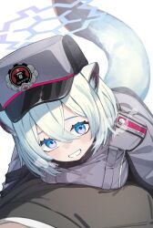 1boy 1girl animal_ears blue_archive blue_eyes blue_hair blush breast_press breasts breath coat girl_on_top grey_coat grey_hat hair_between_eyes halo hat highres long_sleeves looking_at_viewer medium_breasts open_mouth shigure_(blue_archive) sho_bu_1116 short_hair simple_background smile tail weasel_ears weasel_girl weasel_tail white_background