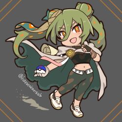 1girl :d bandaged_arm bandages chibi cloak crocs crop_top double_bun eyes_visible_through_hair full_body furrowed_brow gloves great_ball green_hair ground_miku_(project_voltage) hair_between_eyes hair_bun harurukan hatsune_miku highres holding holding_poke_ball midriff navel nintendo open_mouth orange_eyes pants poke_ball pokemon project_voltage smile solo torn_clothes twintails twitter_username vocaloid