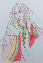 Rule 34 | 1girl, asebi (yatagarasu series), flower, hair flower, hair ornament, highres, japanese clothes, karasu wa aruji wo erabanai, kimono, long hair, naouta, parted bangs, simple background, solo, traditional media, watercolor pencil (medium), white background, wide sleeves