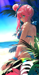 1girl alternate_costume ass beach bikini blue_bikini blue_eyes blurry blush breasts butt_crack commentary_request day e-co earrings eyelashes foliage highres jewelry looking_at_viewer looking_back nintendo outdoors parted_lips pink_hair pokemon pokemon_bw sand scrunchie shore skyla_(pokemon) solo swimsuit water wrist_scrunchie