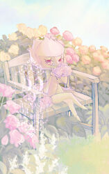 1girl arm_at_side artist_name blue_flower blue_rose blue_sky bush cloud colored_skin creatures_(company) crossed_legs day female_focus flat_chest flower game_freak gen_4_pokemon grass green_skin half-closed_eyes hand_to_own_mouth hand_up legs looking_at_viewer monster_girl nintendo no_feet on_chair orange_flower orange_rose outdoors pink_flower pink_rose plant_girl pokemon pokemon_(creature) red_eyes red_flower red_rose rose roserade shibori_(siborizome) sitting sky solo twitter_username watermark white_flower wooden_chair yellow_flower yellow_rose