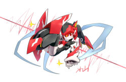 1girl big_firebird_toys bingshan breasts fetal_position floating highres looking_at_viewer magic_henshin navel official_art open_hand red_eyes robot scarlet_sonic small_breasts solo wheel