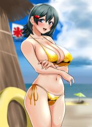 1girl absurdres arms_behind_back beach bikini blue_eyes blue_sky breasts cloud commentary_request cowboy_shot crossed_arms day gold_bikini grey_eyes hair_ornament hairclip highres horizon innertube iroha_(samurai_spirits) kooribata looking_at_viewer nanao_futaba ocean outdoors samurai_spirits short_hair side-tie_bikini_bottom sky solo swim_ring swimsuit windsock
