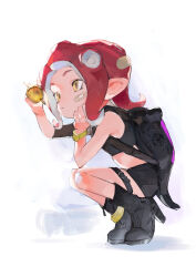 1girl agent_8_(splatoon) anklet armlet backpack bag bandaid bandaid_on_knee bandaid_on_leg black_boots boots bracelet closed_mouth crop_top highres jewelry kureta_(nikogori) medium_hair nintendo octoling red_hair simple_background skirt solo splatoon_(series) splatoon_2 splatoon_2:_octo_expansion suction_cups tentacle_hair thigh_strap white_background yellow_eyes