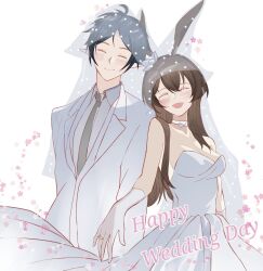 1boy 1girl :d ^_^ amiya_(arknights) animal_ears arknights bare_shoulders black_hair blazer blush breasts bridal_veil brown_hair choker closed_eyes closed_mouth collared_shirt dr.deims_(dim5s) dress elbow_gloves flower flower_symbol gloves grey_necktie grey_shirt hair_between_eyes hair_flower hair_ornament happy husband_and_wife jacket jewelry lapels long_hair medium_breasts necktie open_mouth parted_bangs pink_flower pointy_ears ring shirt short_hair smile strapless strapless_dress veil wedding_dress white_background white_choker white_dress white_flower white_gloves white_jacket zuo_le_(arknights)