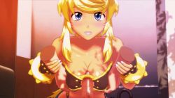 1boy 1girl 3d animal_ears animated animated_gif blonde_hair blue_eyes bouncing_breasts breasts censored cleavage dark_skin erection grabbing_another&#039;s_breast groping hetero large_breasts liru myu_ranran o-ring o-ring_top paizuri penis perpendicular_paizuri renkin_san-kyuu_magical_pokaan sex