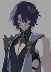 Rule 34 | 1boy, absurdres, bare shoulders, black shirt, closed mouth, collared shirt, commentary request, dr. ratio (honkai: star rail), greco-roman clothes, grey background, hair between eyes, hair ornament, highres, honkai: star rail, honkai (series), jiz (pffbq), leaf hair ornament, looking at viewer, male focus, orange eyes, purple hair, shirt, short hair, simple background, sleeveless, sleeveless shirt, solo, tunic, upper body, white tunic