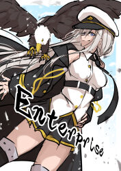 1girl absurdres azur_lane bald_eagle bird black_coat black_footwear black_skirt boots character_name closed_mouth coat eagle enterprise_(azur_lane) grim_(azur_lane) hand_on_own_hip hat highres long_hair looking_at_viewer open_clothes open_coat oriue_wato peaked_cap pleated_skirt purple_eyes sketch skirt smile white_hair white_hat