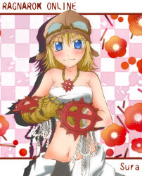 1girl black_gloves blonde_hair blue_eyes breasts character_name chest_sarashi closed_mouth clothes_around_waist copyright_name cowboy_shot cracking_knuckles cross cross_necklace cross_of_prontera gauntlets gloves goggles goggles_on_head jewelry kamui_setsuna looking_at_viewer medium_breasts medium_hair navel necklace pink_background ragnarok_online sarashi shirt shirt_around_waist smile solo sura_(ragnarok_online) white_shirt