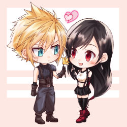 1boy 1girl arm_behind_back armor baggy_pants bare_shoulders belt belt_buckle black_gloves black_hair black_skirt black_sports_bra black_thighhighs blonde_hair blue_eyes blush boots breasts brown_boots buckle cloud_strife commentary_request couple crop_top earrings final_fantasy final_fantasy_vii final_fantasy_vii_remake fingerless_gloves flower full_body gloves heart highres holding holding_flower jewelry long_hair looking_at_another low-tied_long_hair medium_breasts midriff miniskirt mizuamememe multiple_belts navel open_mouth pants red_boots red_eyes ribbed_sweater shoulder_armor single_earring skirt sleeveless sleeveless_turtleneck spiked_hair sports_bra standing suspender_skirt suspenders sweatdrop sweater swept_bangs tank_top teardrop_earrings thighhighs tifa_lockhart turtleneck turtleneck_sweater white_tank_top yellow_flower zettai_ryouiki