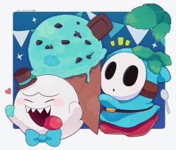 1boy belt black_hat blue_bow blue_bowtie blue_robe blush_stickers boo_(mario) bow bowtie brown_belt closed_eyes ghost hat heart highres ice_cream_cone leaf mario_(series) mini_hat mini_top_hat mint mofupoyo nintendo open_mouth red_shoes robe sharp_teeth shoes shy_guy teeth tongue tongue_out top_hat upper_teeth_only white_mask