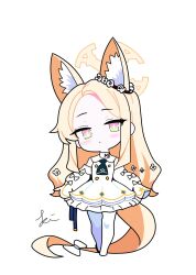 1girl a-pose animal_ear_fluff animal_ears blonde_hair blue_archive blush bow bright_pupils buttons chibi chibi_only closed_mouth commentary_request detached_sleeves double-breasted dress extra_ears forehead fox_ears fox_girl fox_tail frilled_dress frills full_body halo highres long_hair looking_at_viewer multicolored_eyes parted_bangs pink_eyes rin_(rin0214tw) school_uniform seia_(blue_archive) serafuku sidelocks signature simple_background sleeveless sleeveless_dress sleeves_past_fingers sleeves_past_wrists solo standing tail tail_bow tail_ornament two-tone_eyes very_long_hair white_background white_bow white_dress white_pupils white_serafuku yellow_eyes yellow_halo