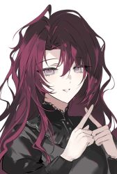 1girl black_dress black_shirt dress highres interlocked_fingers juliet_sleeves long_hair long_sleeves looking_at_viewer original parted_lips pink_hair puffy_sleeves purple_hair rgb12800 shirt simple_background smile solo upper_body white_background