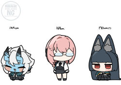 3girls absurdres animal_ears black_gloves black_necktie black_skirt blue_skin blunt_bangs chibi closed_eyes colored_skin earrings fox_ears fox_girl full_body glasses gloves green_jacket hair_between_eyes high-waist_skirt highres horns hoshimi_miyabi jacket jewelry long_hair looking_at_another multiple_girls necktie oni open_mouth pointy_ears red_eyes shinonome_nashi short_hair sidelocks simple_background skirt soukaku_(zenless_zone_zero) standing tsukishiro_yanagi white_background zenless_zone_zero