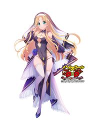 1girl asia_argento bare_shoulders black_dress blonde_hair breasts copyright_name dress full_body green_eyes high_school_dxd high_school_dxd_operation_paradise_infinity highres long_hair medium_breasts nun official_art simple_background solo strapless strapless_dress thighhighs white_background white_thighhighs