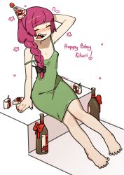 1girl absurdres alcohol_carton arm_behind_head armpit_crease barefoot black_nails bocchi_the_rock! bottle braid carton closed_eyes dress drooling drunk full_body green_dress happy_birthday hat highres hiroi_kikuri knees_together_feet_apart mouth_drool open_mouth organsoup party_hat pigeon-toed sake_bottle sharp_teeth sitting solo strap_slip teeth white_background