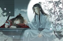 2boys artist_request bamboo black_eyes black_hair black_hanfu chinese_clothes chinese_commentary closed_mouth coat commission cup dao_gui_yi_xian full_moon hair_bun hair_ribbon half_updo hand_on_another&#039;s_head hanfu head_rest highres holding holding_cup indoors lattice li_huowang light_particles long_hair long_sleeves looking_at_another male_focus moon multiple_boys night red_coat red_eyes red_ribbon ribbon robe round_window sakazuki sash second-party_source single_hair_bun sitting smile smoke sword sword_on_back very_long_hair weapon weapon_on_back white_hanfu wide_sleeves window xiao_guan_(headdress) yaoi zhuge_yuan