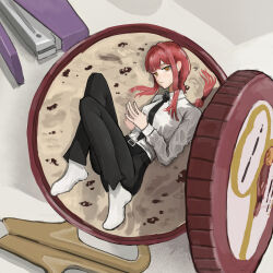 1girl absurdres black_necktie black_pants chainsaw_man collared_shirt dress_pants highres kowasu1 long_hair lying makima_(chainsaw_man) mini_person minigirl necktie on_side orange_eyes pants red_hair ringed_eyes scissors shirt shirt_tucked_in socks solo stapler white_shirt white_socks