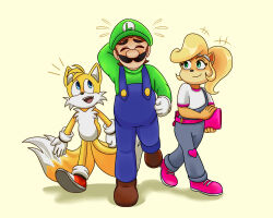 1girl 2boys absurdres activision arm_behind_head artist_request bandicoot blonde_hair blue_eyes blush brown_hair coco_bandicoot computer crash_bandicoot_(series) crossover facial_hair fox gloves green_eyes hairband hat highres laptop luigi mario_(series) multiple_boys multiple_tails mustache nintendo orange_fur overalss sega shirt shoes sidekicks socks sonic_(series) tail tails_(sonic) two_tails walking yellow_fur