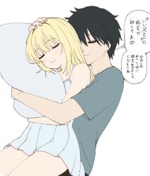 1boy 1girl aqua_shirt black_hair blonde_hair blush brother_and_sister c: chitose_haruki chitose_sana closed_eyes commentary_request cowboy_shot dress flat_color hair_between_eyes hair_down happy headpat hug hug_from_behind hugging_object long_hair lying on_side pillow pillow_hug pleated_dress shirt short_dress short_hair short_sleeves siblings simple_background sleeveless sleeveless_dress smile speech_bubble spiked_hair tenshinranman tft_(tft7822) translation_request white_background white_dress