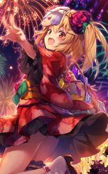 1girl argyle artist_request blonde_hair blue_hair bow character_mask check_artist crystal crystal_wings fang festival fireworks flandre_scarlet flandre_scarlet_(yukata) floral_print flower flower_brooch footwear_bow frilled_hat frilled_kimono frills geta green_bow hair_bow hair_flower hair_ornament hairclip hat hat_ribbon japanese_clothes kimono kure~pu leaf leg_up long_sleeves looking_back mask mob_cap night obi official_alternate_costume official_art one_side_up open_mouth outstretched_arms red_bow red_eyes red_kimono red_ribbon remilia_scarlet ribbon ribbon-trimmed_headwear ribbon_trim sash short_hair side_ponytail smile smirk socks tabi thigh_scrunchie touhou touhou_cannonball white_socks wide_sleeves yellow_sash yukata
