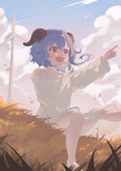 1girl absurdres aged_down alternate_costume blue_hair blue_sky cloud cloudy_sky commentary dress ganyu_(genshin_impact) genshin_impact happy highres horns looking_to_the_side medium_hair miku_rasha open_mouth outdoors pointing pointing_to_the_side purple_eyes sitting sky smile solo white_dress wind windmill