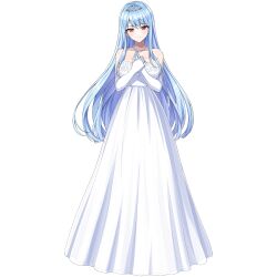 1girl blue_hair breasts bride closed_mouth dolphin_wave dress earrings elbow_gloves game_cg gloves highres jewelry large_breasts long_hair looking_at_viewer nayuki_hiori necklace non-web_source official_art ootomo_takuji pearl_necklace red_eyes smile solo strapless strapless_dress tachi-e tiara transparent_background wedding_dress white_dress white_gloves