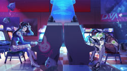 1boy 1girl ;d arcade arcade_cabinet armor bad_id bad_pixiv_id bodysuit broken_glass brown_eyes brown_hair character_name clothes_writing commentary_request crossed_legs d.va_(overwatch) defeat emblem full_body genji_(overwatch) glass glowing grin hage2013 headset hologram indoors long_hair one_eye_closed open_mouth overwatch overwatch_1 pachimari playing_games poster_(object) power_armor prostration rabbit sitting slice_of_life smile spread_legs stool stuffed_toy tile_floor tiles turnip v